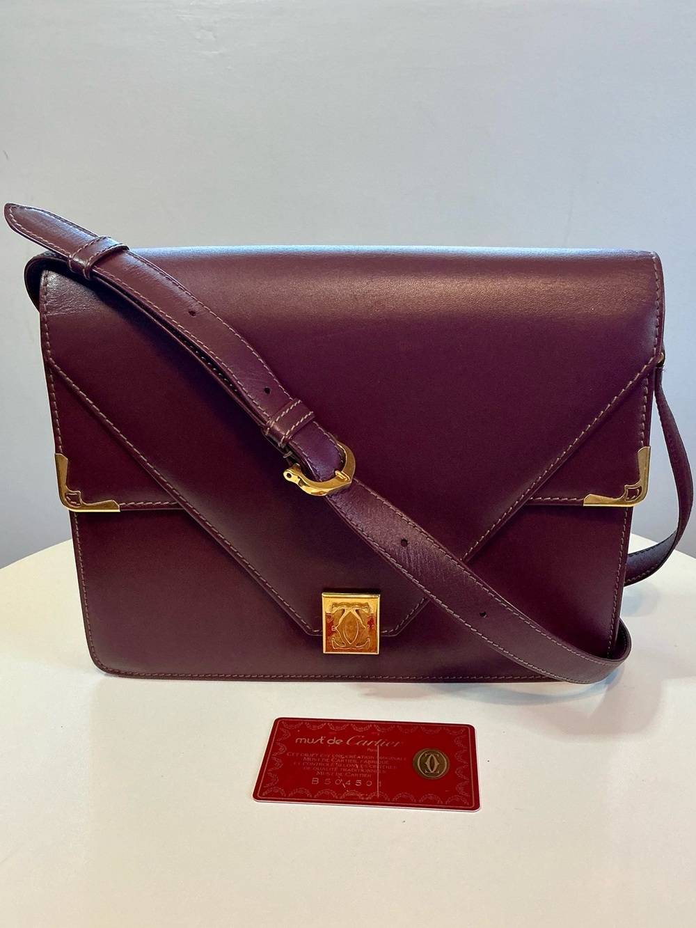 Cartier Must de Cartier Bordeaux Burgundy Leather Shoulder Crossbody Bag w/ COA